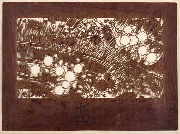 Chrysanthemums and Brushwood Fence, late 19th- century, Ise Province, carved stencil, hand-carved mulberry paper laminated with persimmon juice; applied silk netting, Mrs. Kingsmill Marrs Collection, 1925.679
