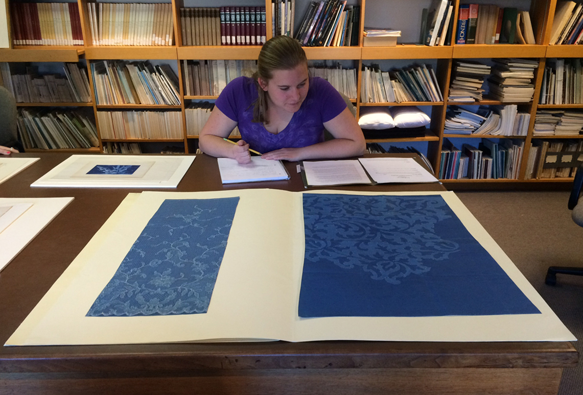 Clark University Student Mary Iorio works on Worcester Art Museum Cyanotypes