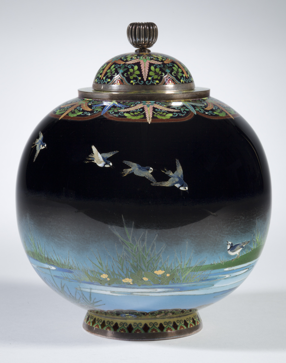 <em>The Red Cross Namikawa Koro with Plovers in Marshland at Night,</em> about 1900, cloisonné enamel with silver and paulonia, Namikawa Yasuyuki (Japanese, 1845-1927), Private Collection, E.70.16.2