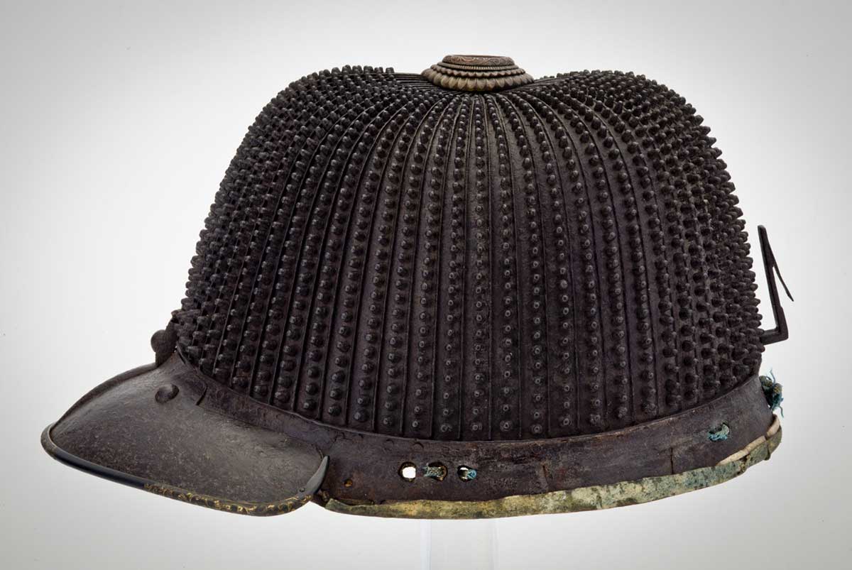 Japanese, 64-plate Hoshi Kabuto (rivet helmet), 1500s, iron, lacquer, copper alloy, gilded shakudo, leather, silk and fabric