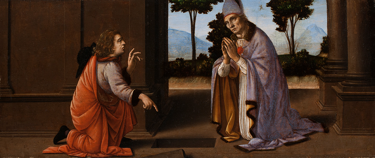 Attributed to Leonardo da Vinci and Lorenzo di Credi, A Miracle of Saint Donatus of Arezzo, about 1479, painting on panel