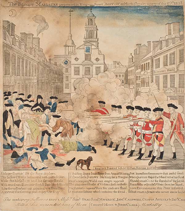 Paul Revere, The Bloody Massacre Perpetuated in King-Street Boston on March 5th 1770, Boston, 1770, engraving with hand coloring