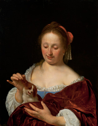 A WOMAN PULLING A DOG'S EAR, 1662, Frans van Mieris, Dutch, 1635-1681, Oil on panel, Bequest from an estate, 2003.50