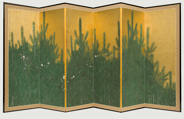 2012-97 Six-panel folding screen; mineral pigments, ink, and gold leaf on paper