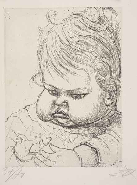 A head-and-shoulders etching of a baby girl, by Otto Dix