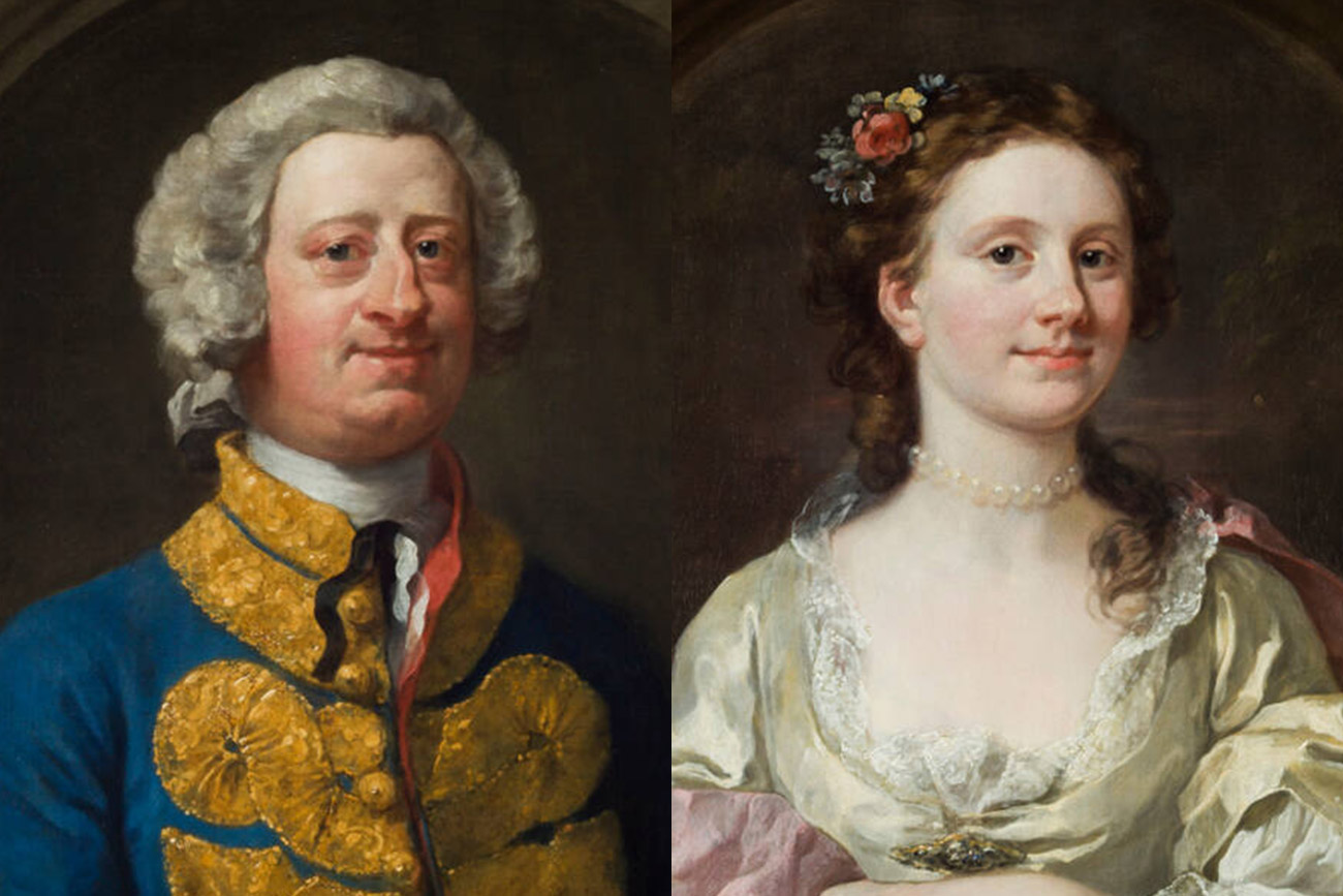 William Hogarth, 'William James', detail, 1744, oil on canvas, and William Hogarth, 'Mrs. William James', detail, 1744, oil on canvas