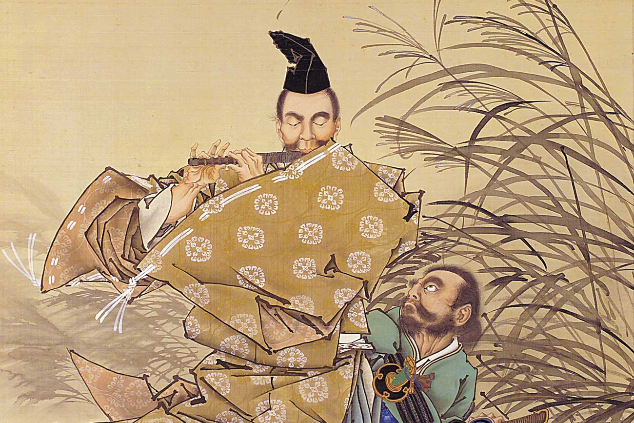 Tsukioka Yoshitoshi, 'Fujiwara no Yasumasa Playing the Flute by Moonlight', detail, 1882, hanging scroll; ink, color, lacquer, silver and gold on silk