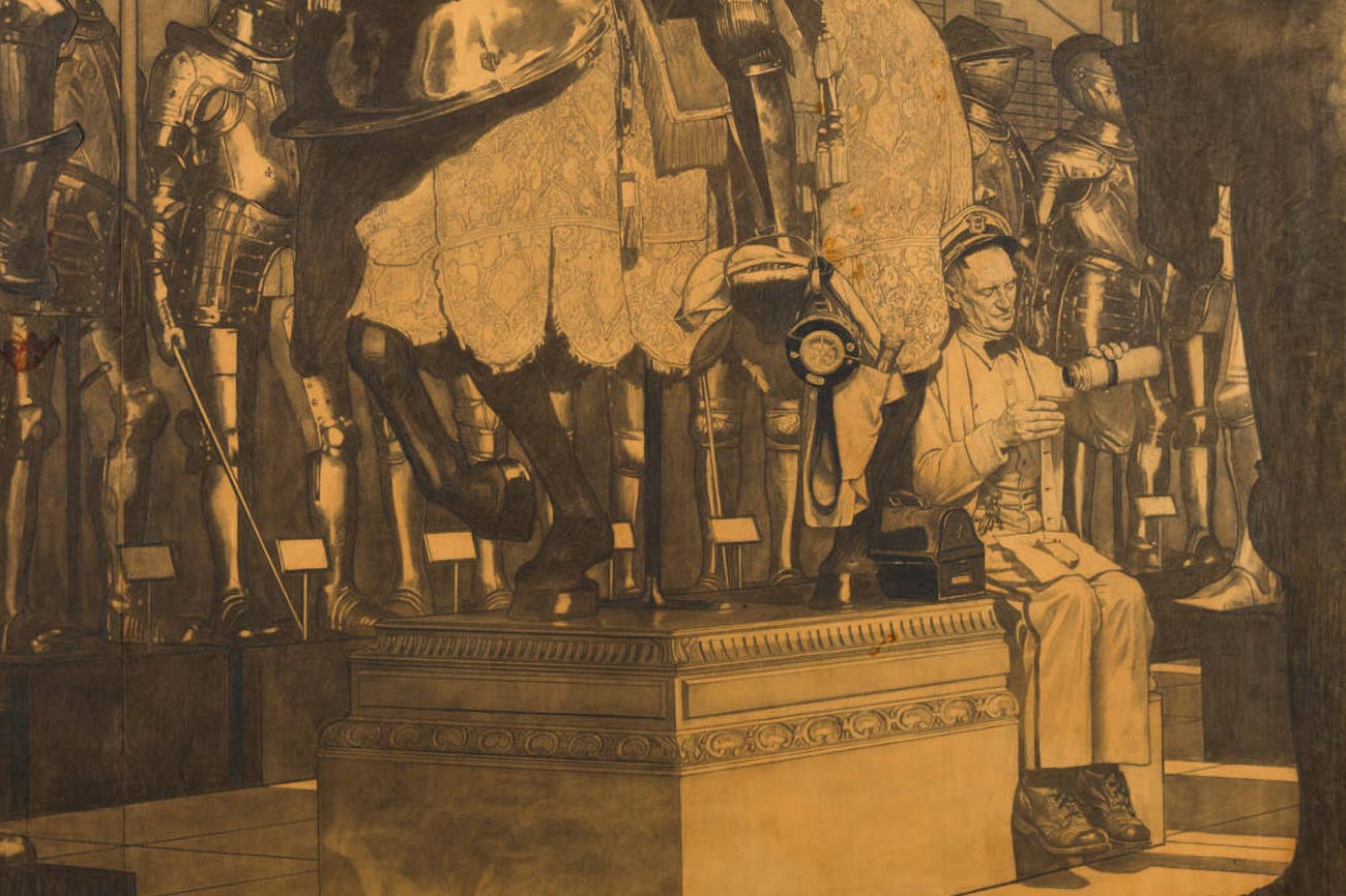 Norman Rockwell, 'Study for "The Nightwatchman"', detail, 1962, charcoal and graphite on paper