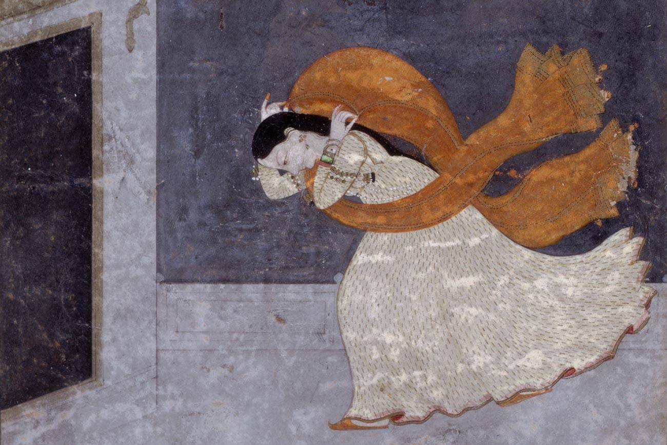 Indian, 'Abhisarika Nayika Braving a Storm', detail, about 1760–1770, opaque watercolor and gold metallic paint on paper