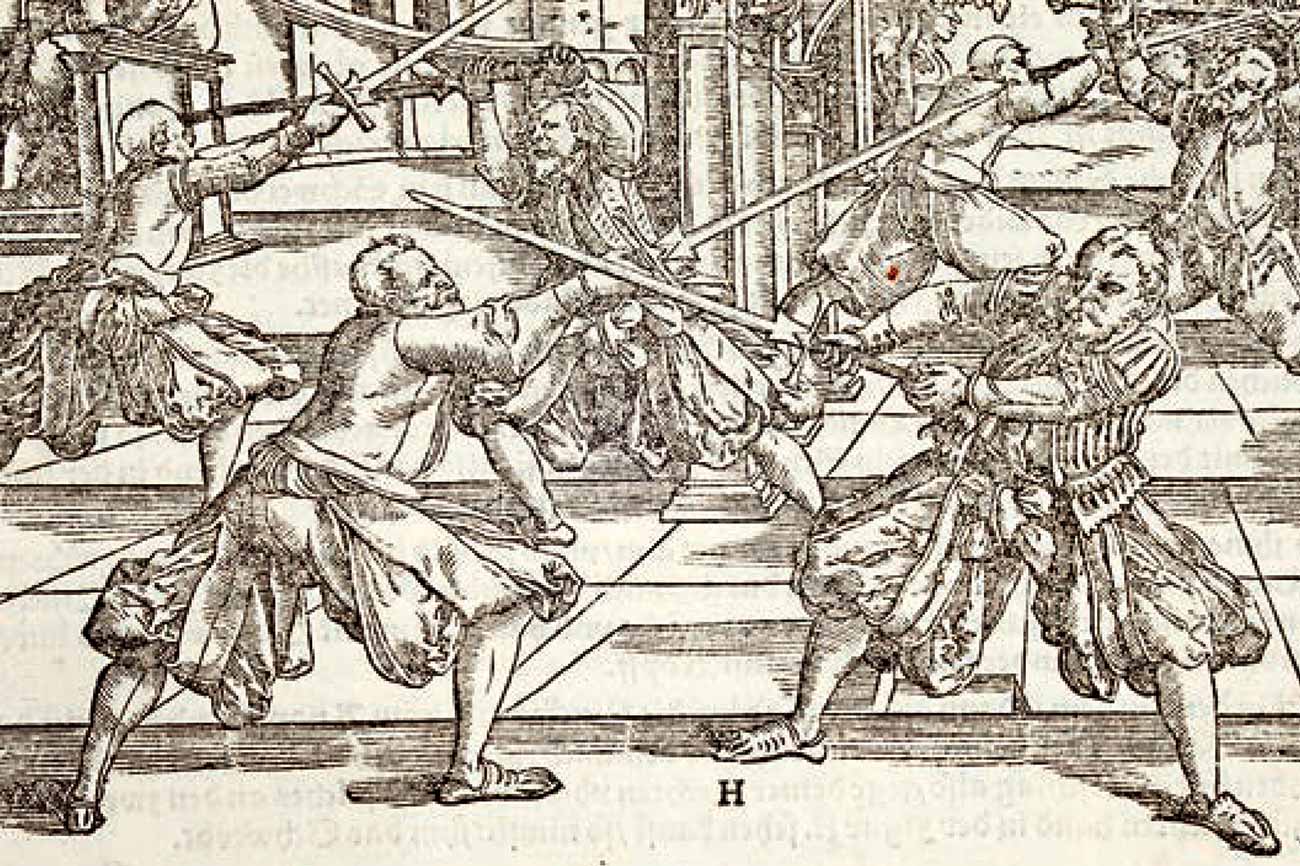 Detail of an illustration of men practising swordsmanship