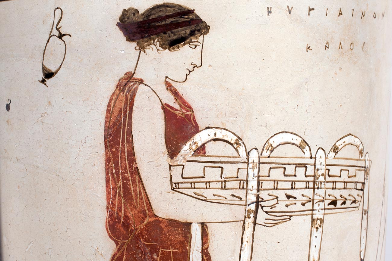 Greek, 'Lekythos (Oil Flask): Two Women Carrying Offerings to the Dead', detail, 450–440 BCE, white-ground painted pottery