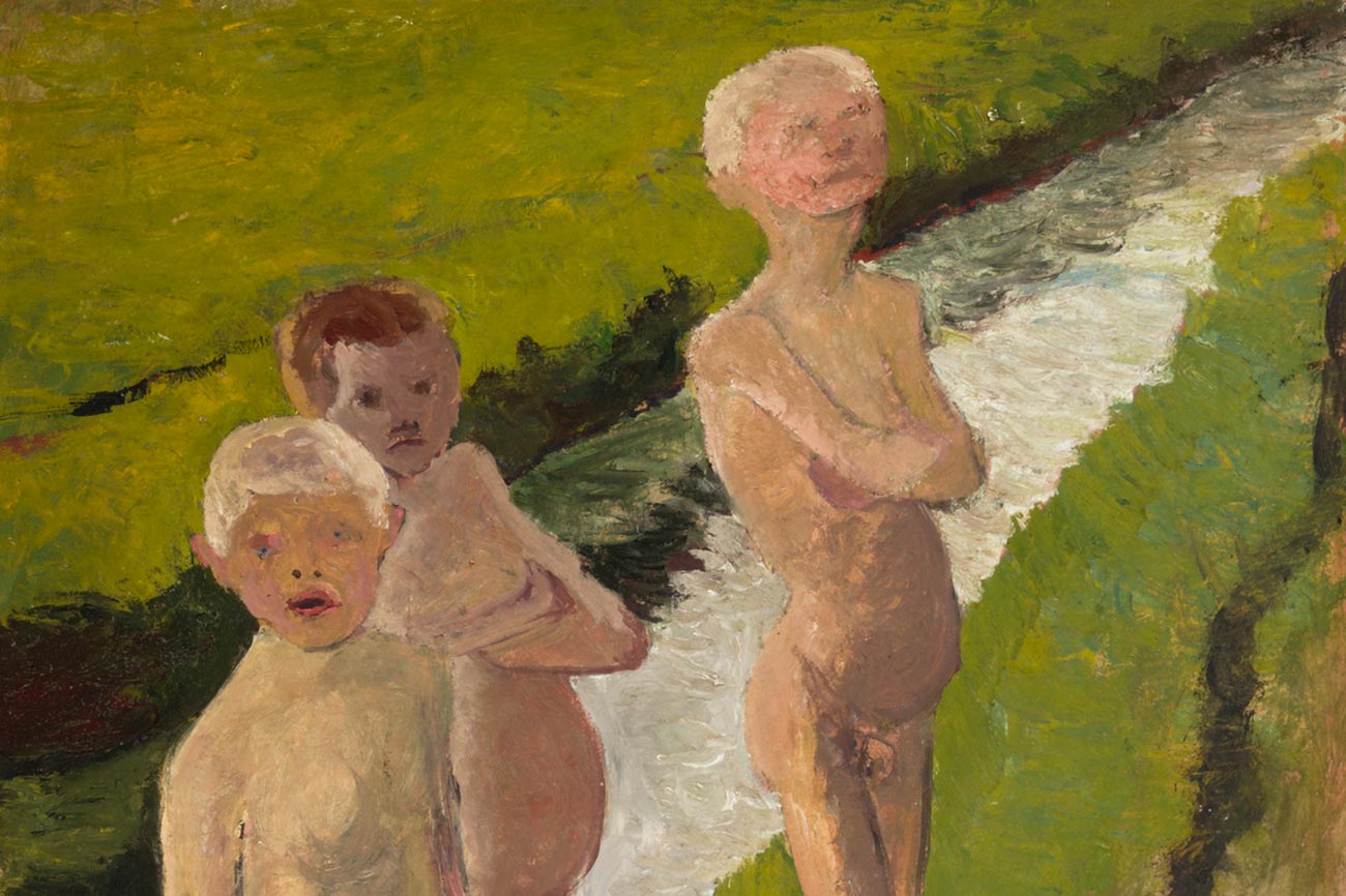 Paula Modersohn-Becker, 'Three Boys Bathing by a Canal', detail, 1901, Wurmsche Tempera on cardboard, mounted on wood