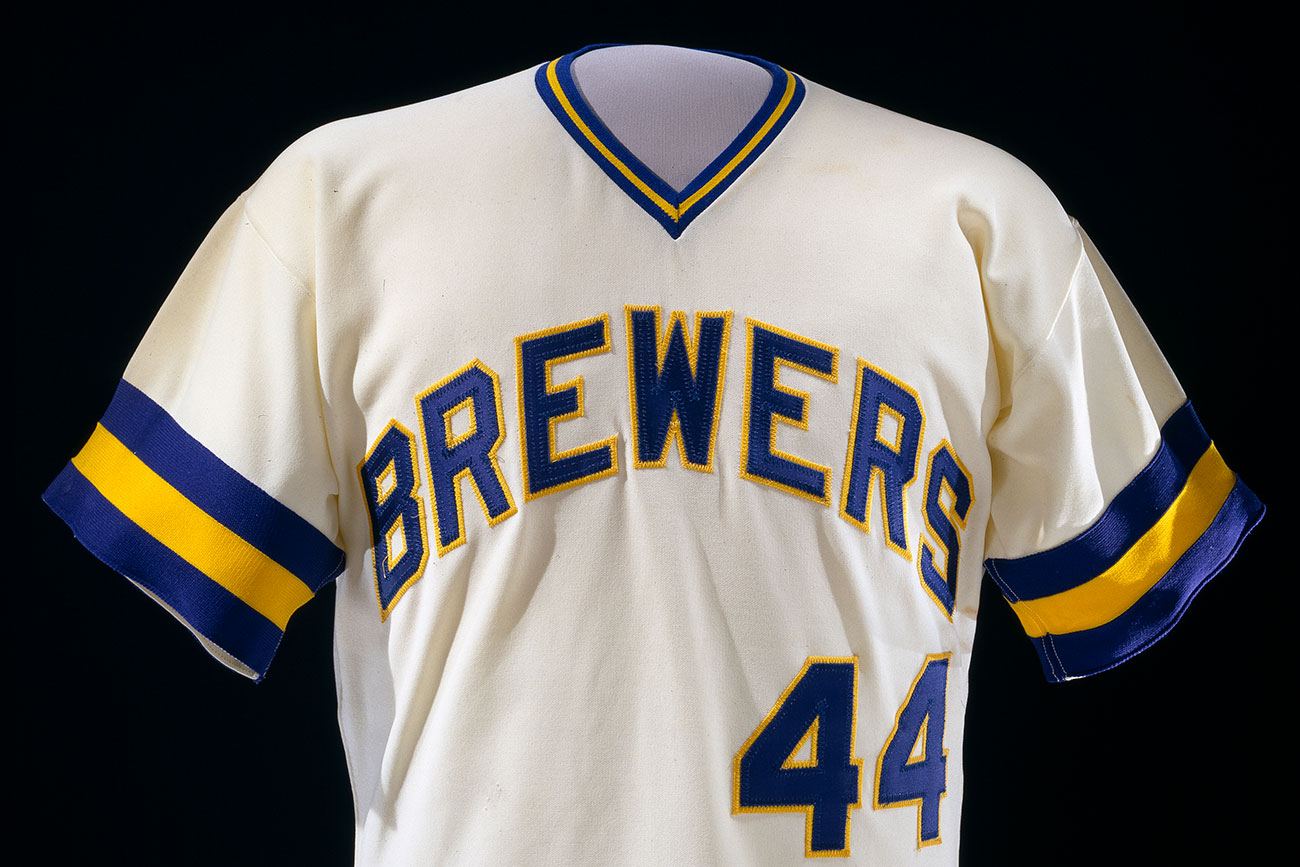 McAuliffe Uniform Company, 'Milwaukee Brewers Jersey', worn by Hank Aaron, 1975, cotton and Nylon