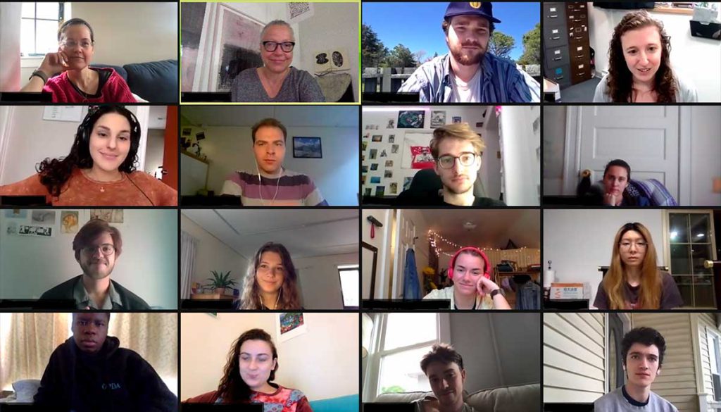 Screenshot of 16 participants during a “Contemporary Directions” online studio course session