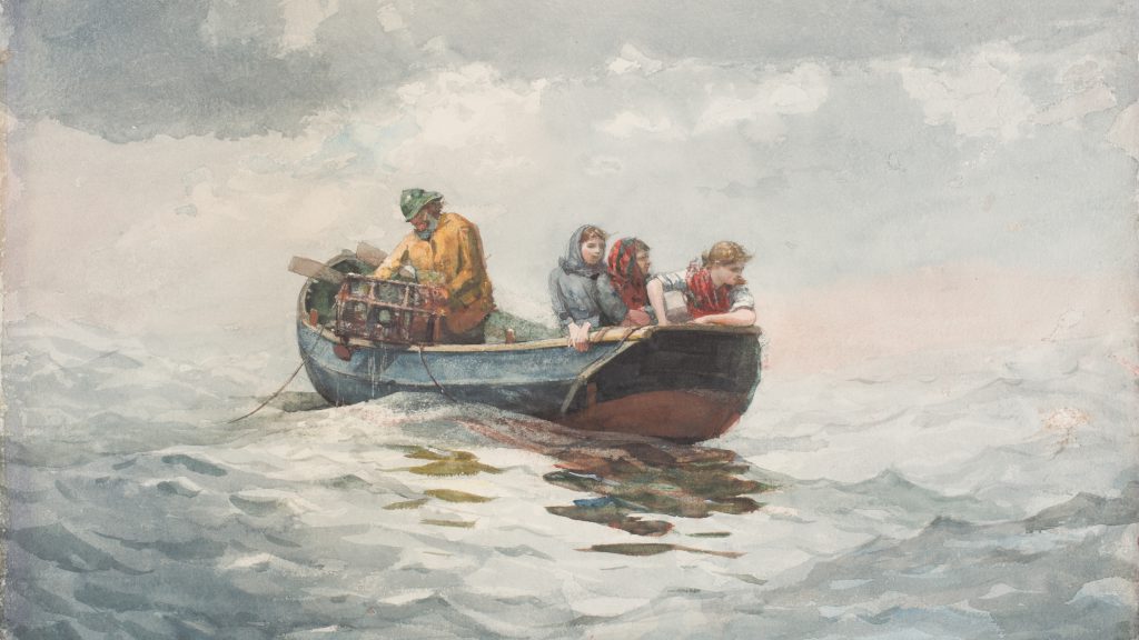 Winslow Homer, Crab Fishing, 1883, watercolor and opaque watercolor, over graphite, with scraping, on moderately thick, slightly textured, cream wove paper
