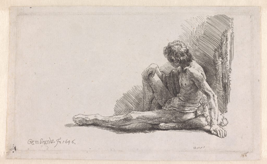 Rembrandt van Rijn, Nude Man Seated on the Ground with One Leg Extended, 1646, etching and engraving