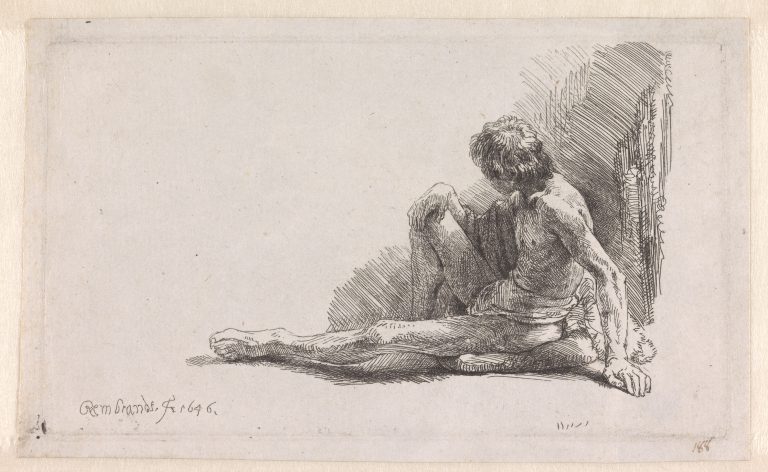 Rembrandt van Rijn, Nude Man Seated on the Ground with One Leg Extended, 1646, etching and engraving