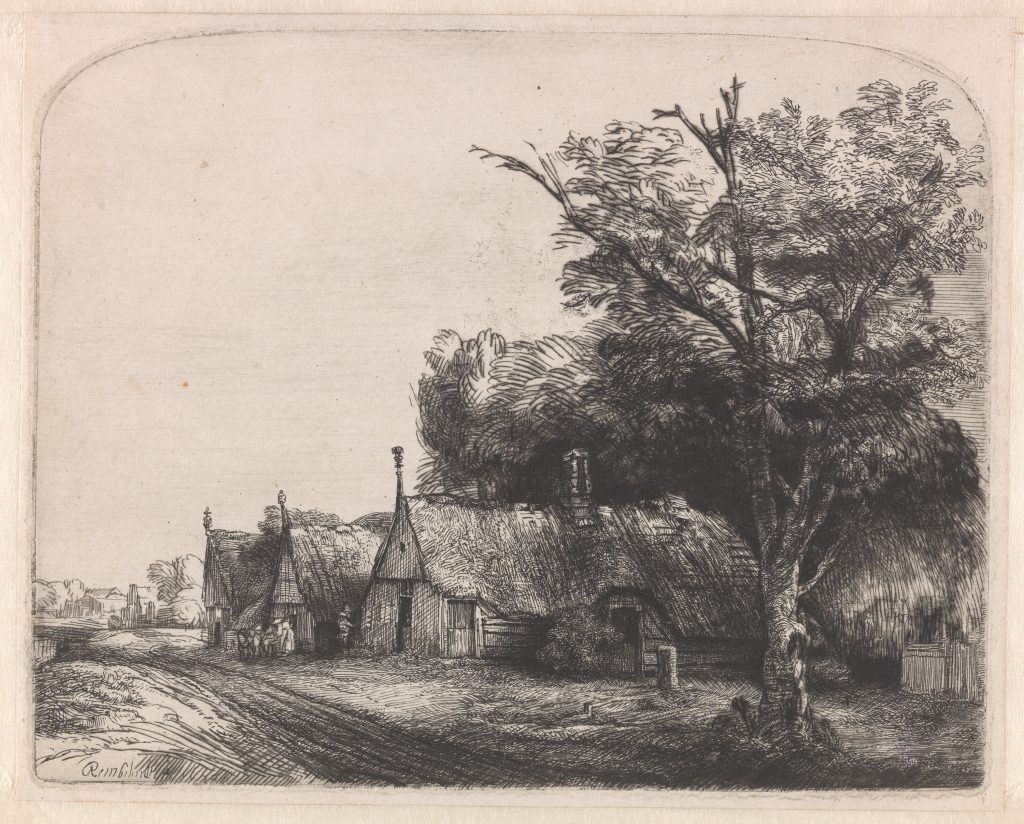 Rembrandt van Rijn, Landscape with Three Gabled Cottages Beside a Road, 1650, etching and drypoint