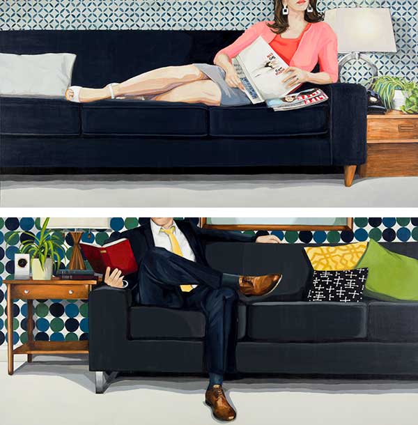 (top) Leslie Graff, 'On Her Mind' from 'Split Screen', 2020, acrylic on canvas. (bottom) Leslie Graff, 'On His Mind' from 'Split Screen', 2020, acrylic on canvas