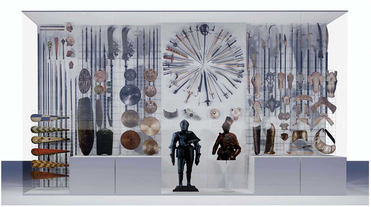 A rendering of an open storage display planned for the new arms and armor gallery.