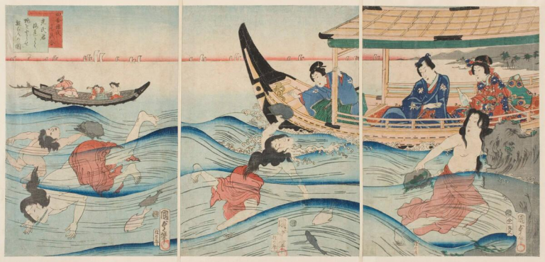 Utagawa Kunisada II (1823–1880), Women Divers for Shells of the Awabi at Ise, 1865, woodblock print: ink and color on paper