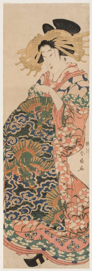 Katsukawa Shunsen (1762–about 1830), Standing Courtesan with Winged Dragon Obi, early 19th century, woodblock print: ink and color on paper