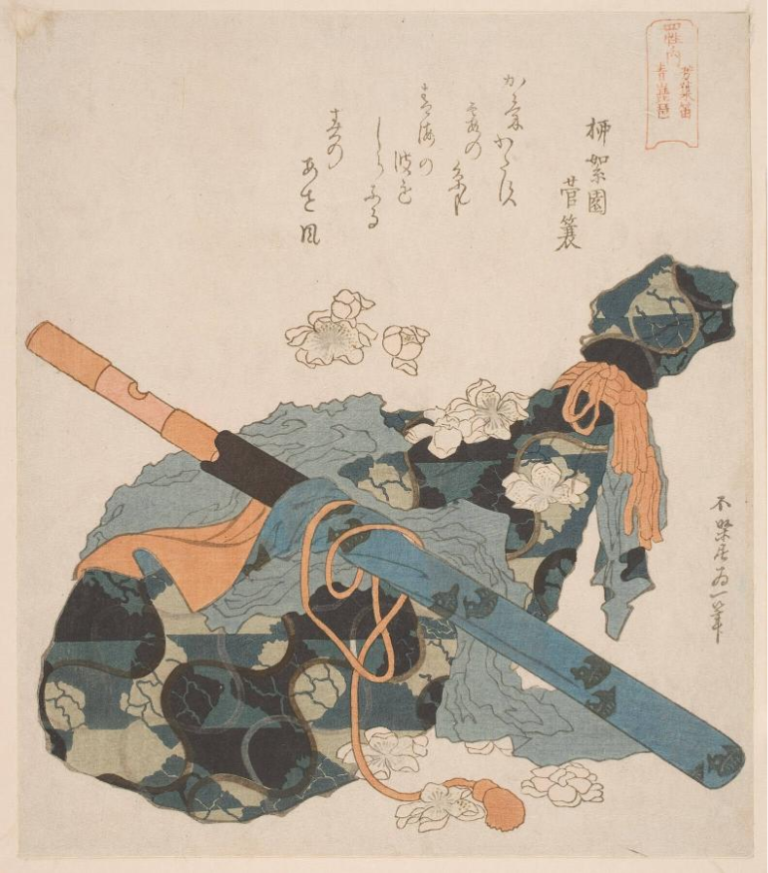 After Katsushika Hokusai (1760–1849), Flute and Japanese Lute, c. 1890, woodblock print: ink and color on paper