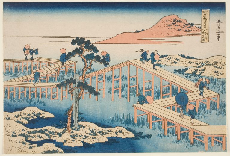 Katsushika Hokusai, Old View of the Eight-plank Bridge in Mikawa Province (Mikawa no Yatsuhashi no kozu), about 1833-34, woodblock print; ink and color on paper
