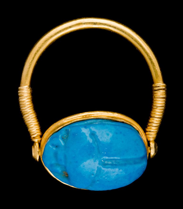 Faience Scarab Ring, ancient Egyptian, scarab: New Kingdom, about 1539–1077 BCE; gold mount: modern, faience and gold