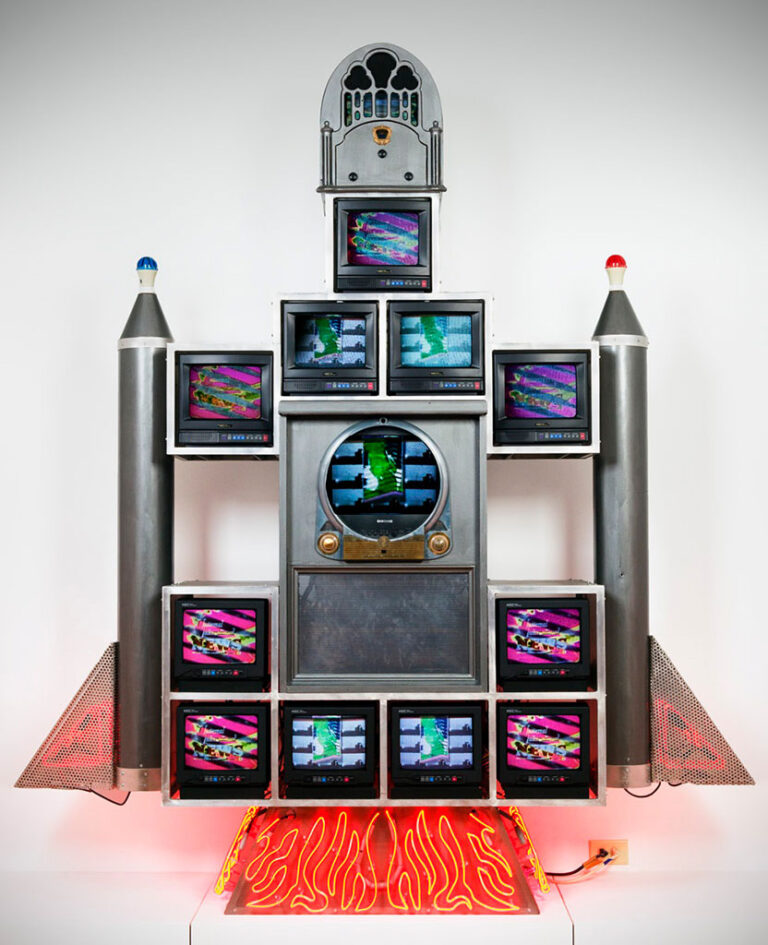 Nam June Paik, 'Robert Goddard,' 1995, aluminum structure, wooden cabinet, electronic components, neon glass tubing, two video sequences