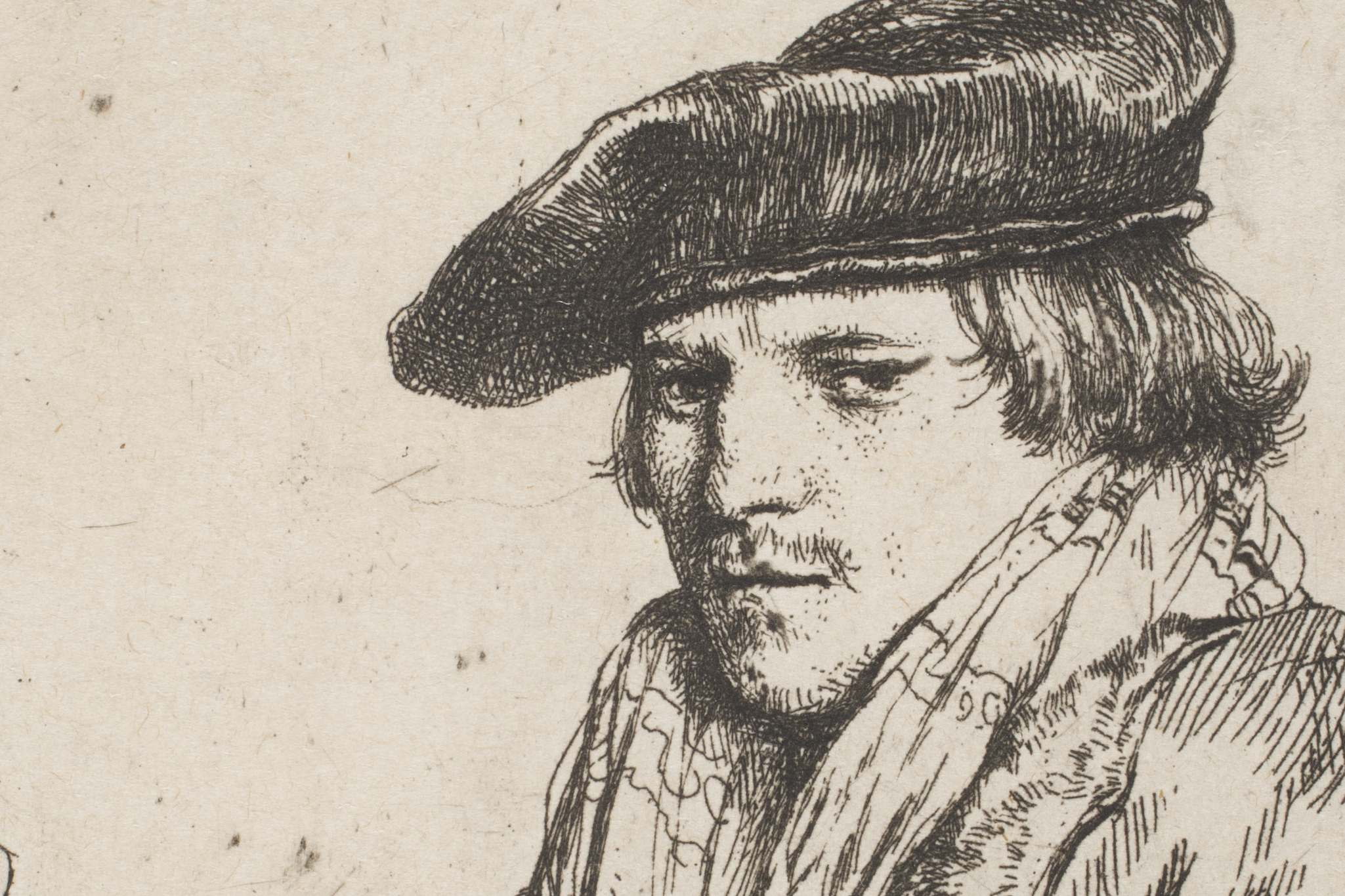 Rembrandt van Rijn, 'A Young Man In A Velvet Cap', detail, 1637, etching on cream laid paper