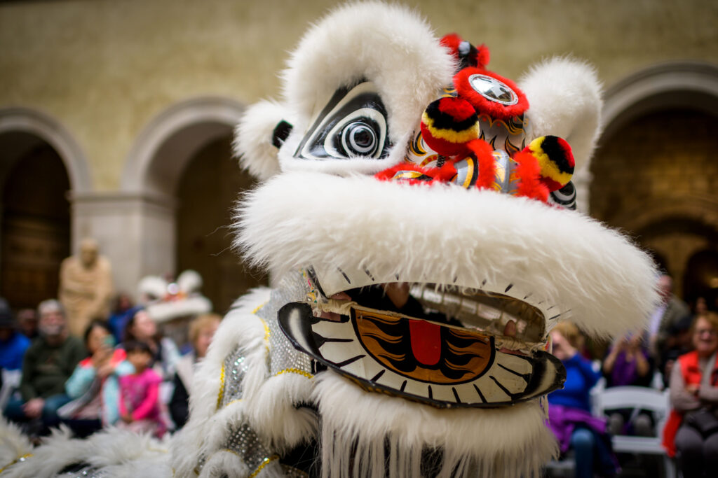 The head of a Chinese lion costume during a lion dance in Renaissance Court