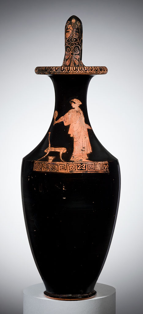 Greek, attributed to the Dutuit Painter, 'Pitcher (Oinochoe): Standing Woman Holding a Mirror,' about 480 BCE, red-figure painted pottery