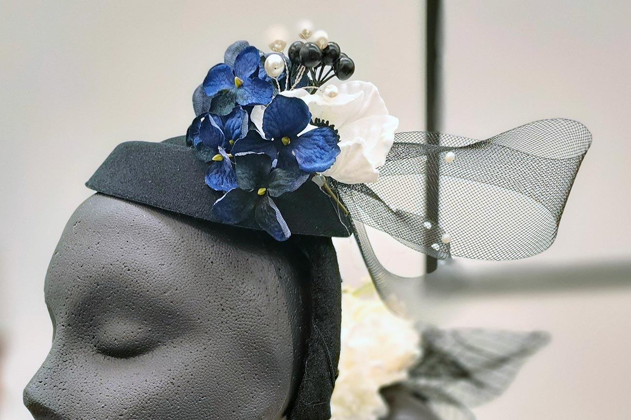 An example floral fascinator created at a Flora in Winter workshop