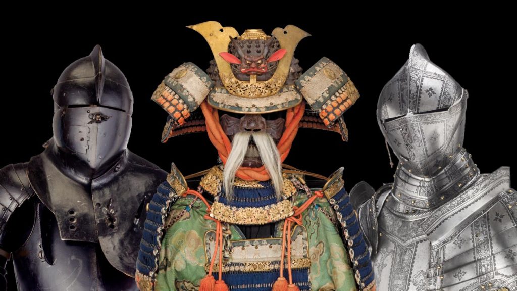 Head and shoulders of three suits of armor from different time periods and cultures