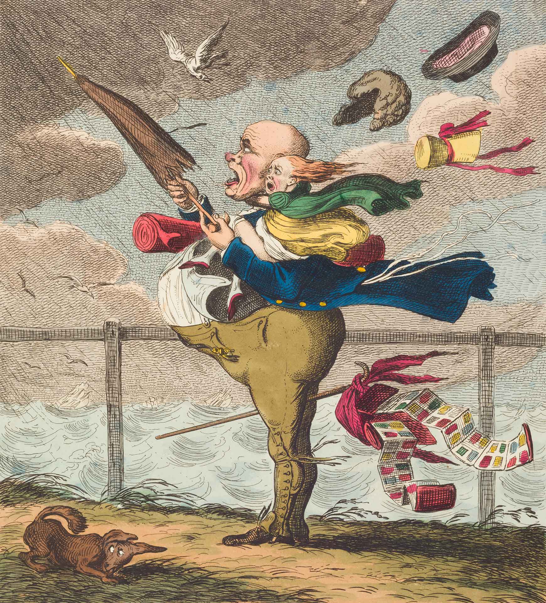 George Cruikshank , 'A Tailor in a high Wind,' 1819, etching with watercolor on cream wove paper mounted to brown paper