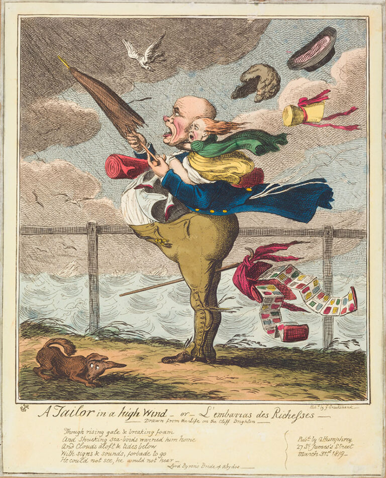 George Cruikshank , 'A Tailor in a high Wind,' 1819, etching with watercolor on cream wove paper mounted to brown paper, Gift of Dr. Samuel B. Woodward, 1934.319