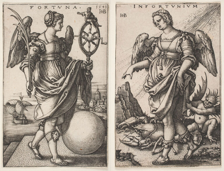 Left: Hans Sebald Beham, 'Fortune,' 1541, engraving on cream laid paper Right: Hans Sebald Beham, 'Misfortune,' 1540, engraving on cream laid paper