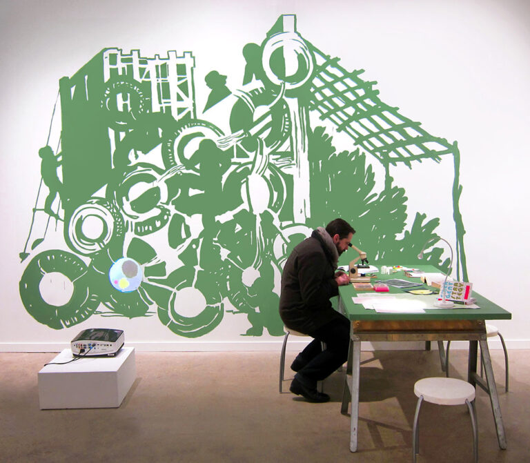 Christa Donner, 'CoAdaptation Field Station (installation view),' 2018, multimedia installation with projected video, latex paint, printed matter, and prepared microscope slides, dimensions variable