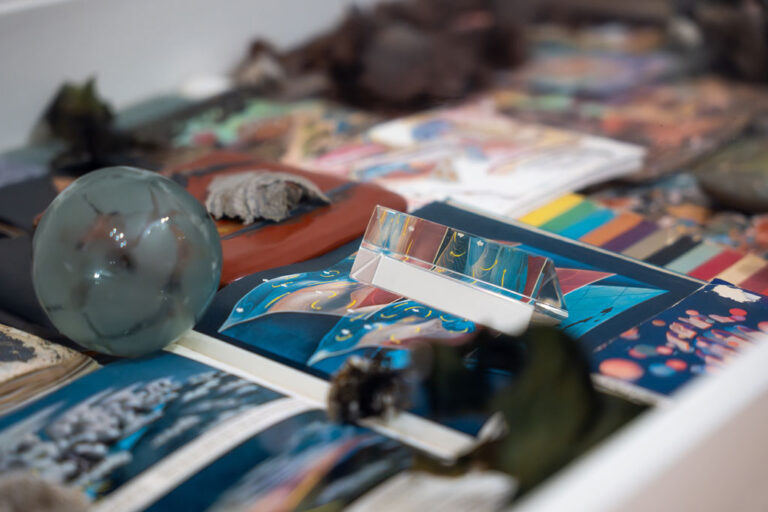 Andrew S. Yang, 'Earth Stories,' detail, 2026, mixed media collage installation (vintage books & magazines; scientific journals; various rocks, and minerals; petrified wood; fossil coral; coral; paper wasp nest; pinecone; wishbone, corn cob; seaweed; industrial springs; dice; glass prism; molecular model), approximately 94 x 22 x 4.5 inches