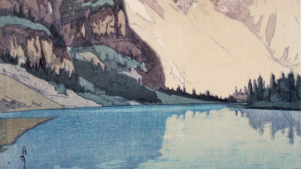 Yoshida Hiroshi, 'Moraine Lake (Canadian Rockies),' detail, 1925, woodblock print, ink and color on paper