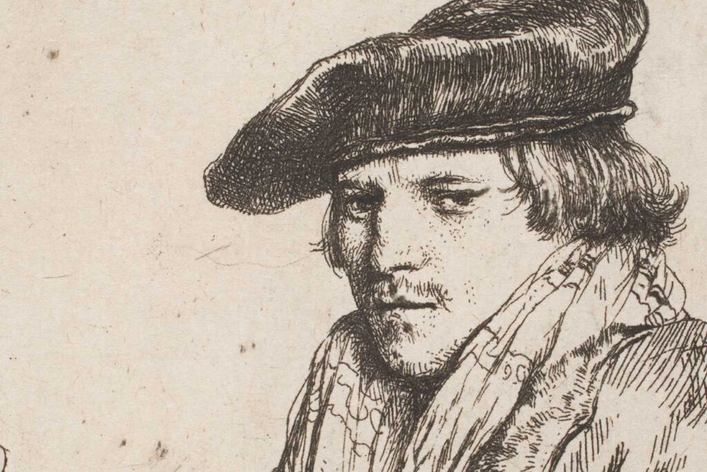 Rembrandt van Rijn, 'A Young Man In A Velvet Cap,' detail, 1637, etching on cream laid paper