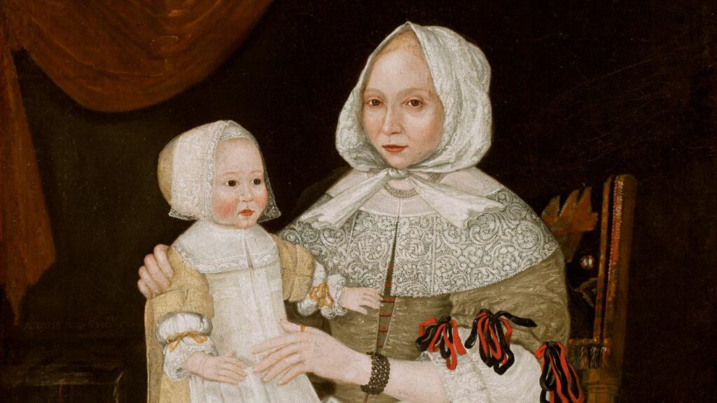 Freake-Gibbs Painter, 'Elizabeth Clarke Freake (Mrs. John Freake) and Baby Mary', detail, about 1671–1674, oil on canvas
