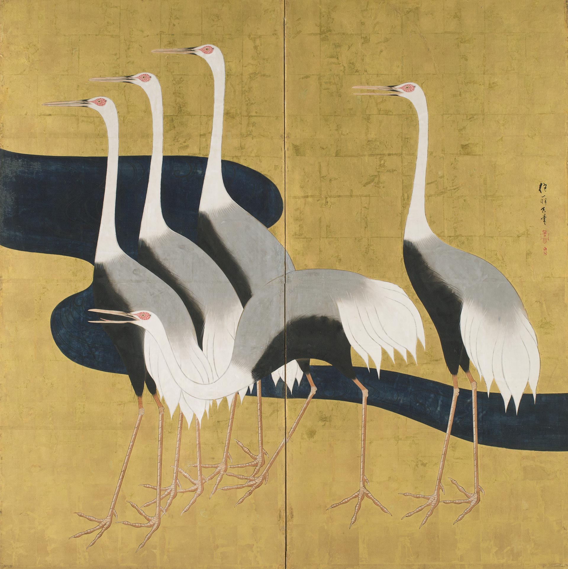 Sakai, Hoitsu, 'Folding Screen: Cranes,' early 19th century, ink, watercolor, and gold on paper