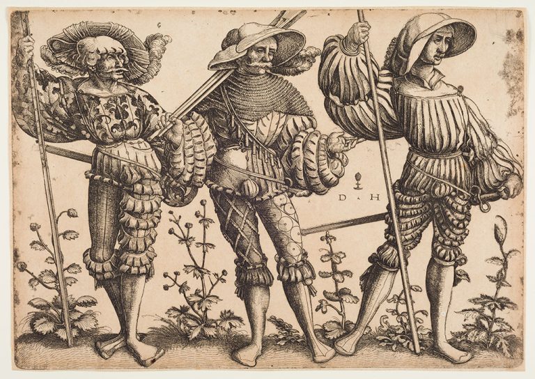 Daniel Hopfer, after Erhard Schön, 'Three Swiss(?) Soldiers,' 1520–1536, etching from iron-faced plate