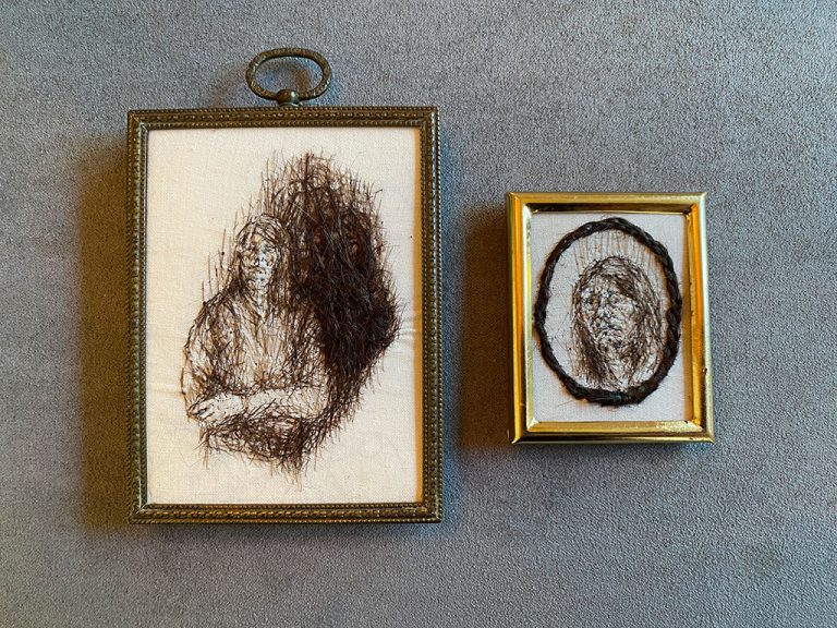 Two miniature hair drawings by Leslie Schomp in found frames