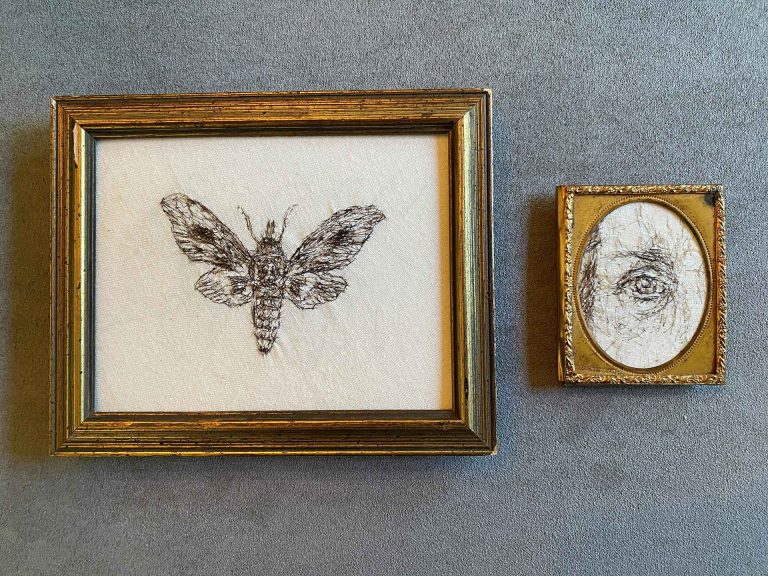 Two miniature hair drawings by Leslie Schomp in found frames