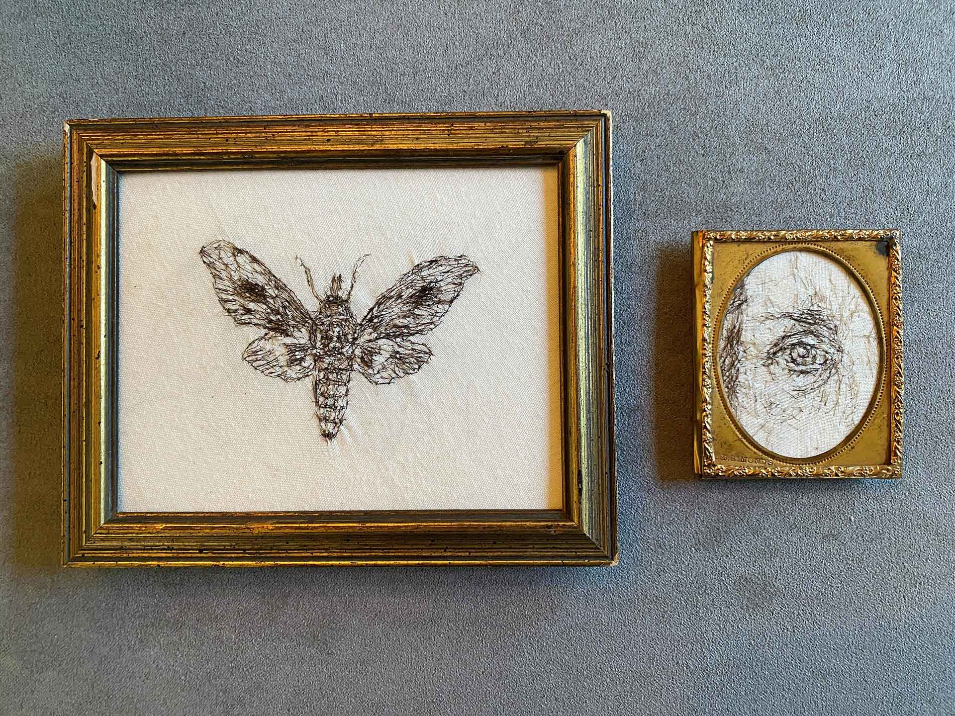 Two miniature hair drawings by Leslie Schomp in antique frames
