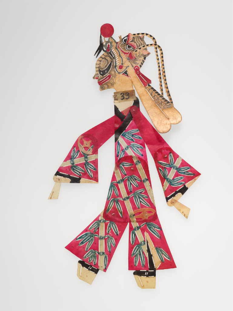 Tiger-faced figure in red robe with bamboo design and pheasant-feathered headdress, 1800-1962, hide with pigments