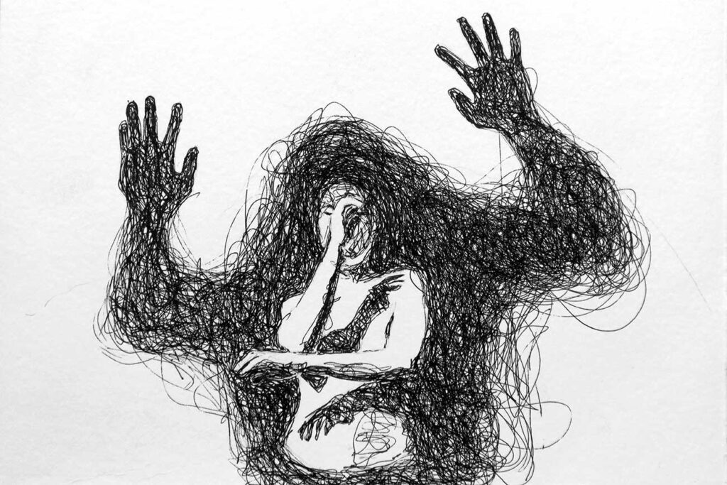Jacoba Niepoort,, 'Multitudes', a pen and ink drawing with a texture of scribble lines. In the middle is a rendering of the artist, one hand covering their face, the other outstretched. Behind them in the scribble lines is a large looming shadow with its hands and arms raised.